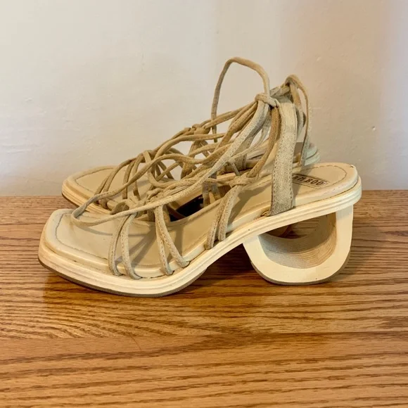 VTG y2k Bamboo Cut Out Heels Wrap Tie Sandal Wedge Wood Suede 7 2000 90s Chunk - Picture 6 of 12